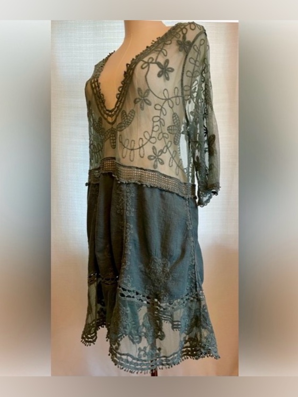 V Neck Crochet Lace Mesh Coverup Dress Moss Green Boho Tunic Sleeve